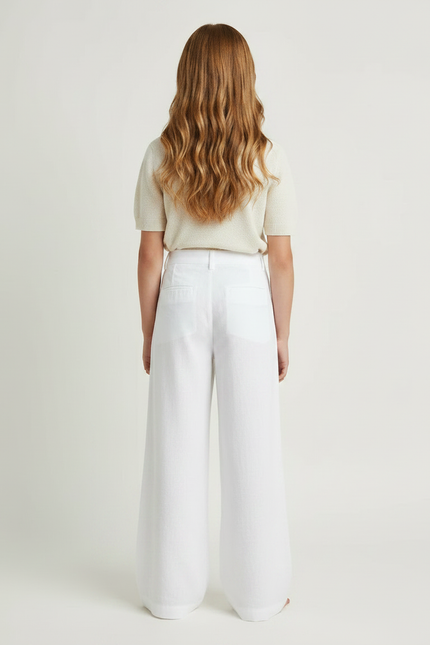 Pantalon Fluide Fille Blanc Palazzo - Lin - vue 2