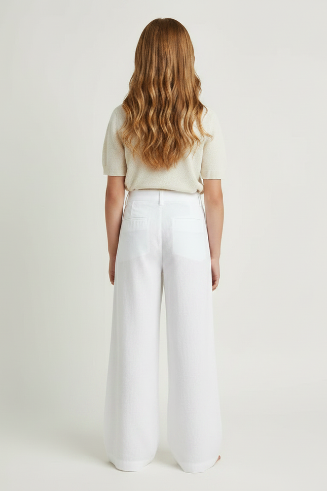 Pantalon Fluide Fille Blanc Palazzo - Lin - vue 2