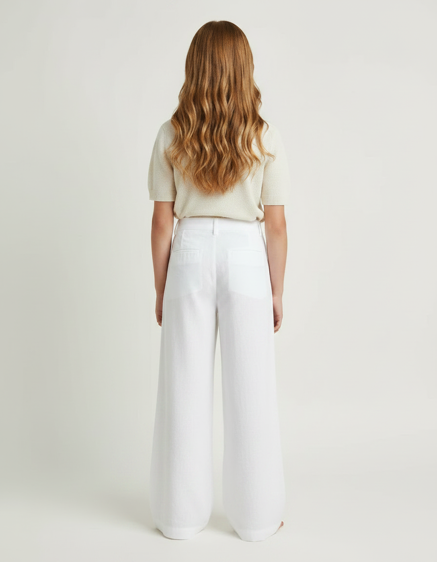 Pantalon Fluide Fille Blanc Palazzo - Lin - vue 2
