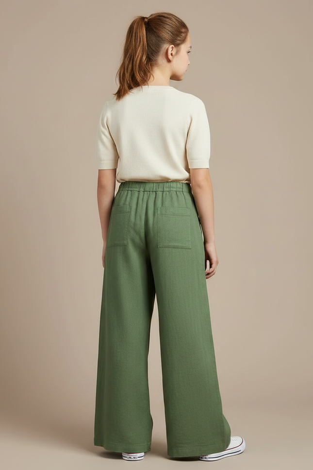 Pantalon Fluide Vert Ample Lin Cordon Fille - vue 2