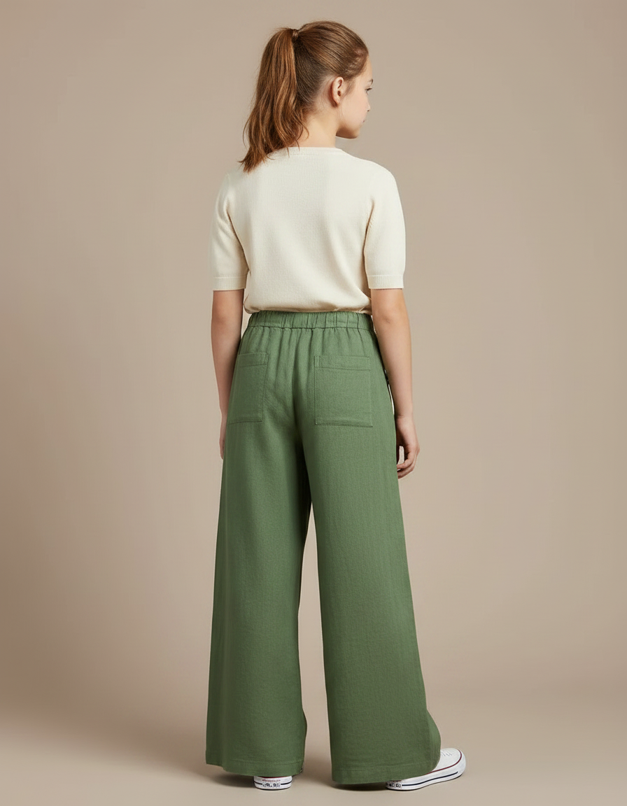 Pantalon Fluide Vert Ample Lin Cordon Fille - vue 2