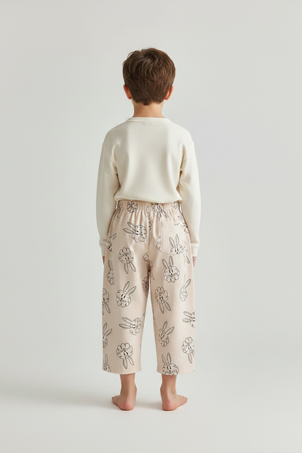 Pantalon Fluide Beige Coton Ample Imprimé Lapins Garçon - vue 2