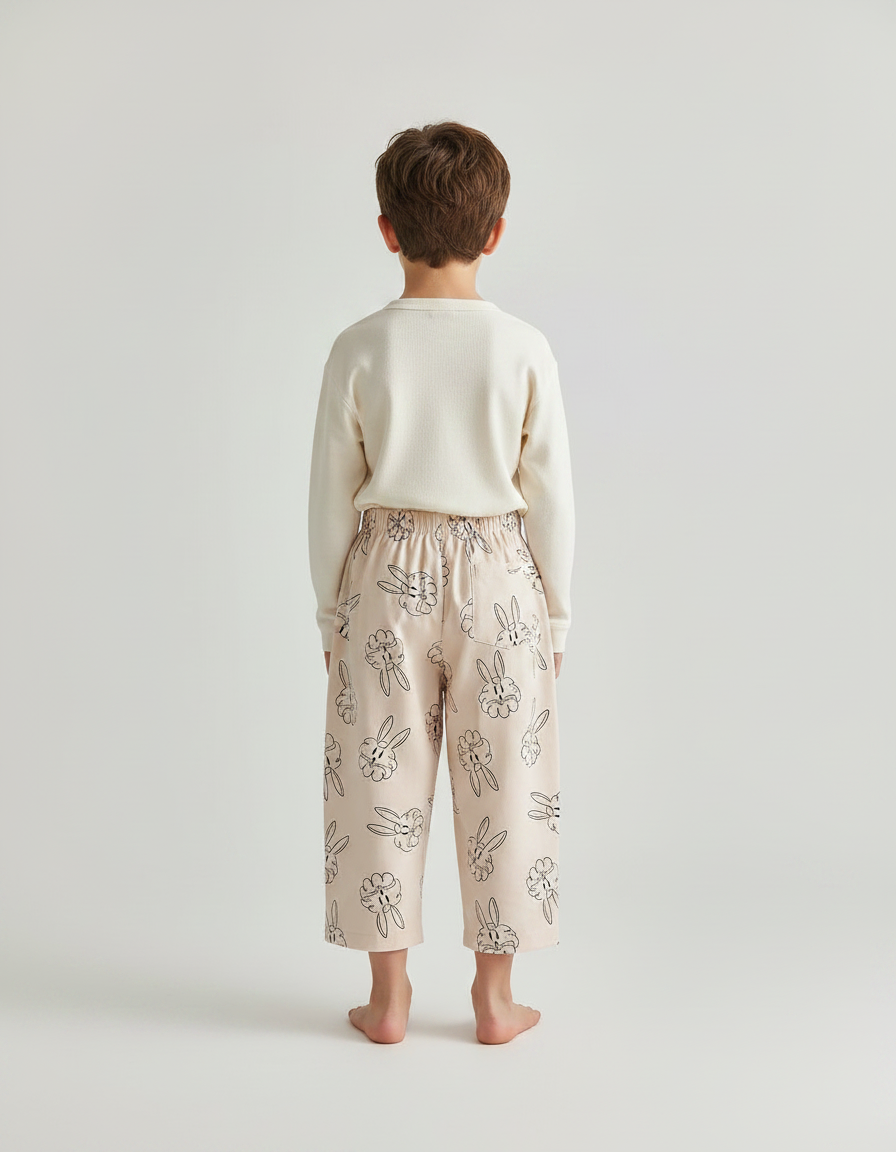 Pantalon Fluide Beige Coton Ample Imprimé Lapins Garçon - vue 2