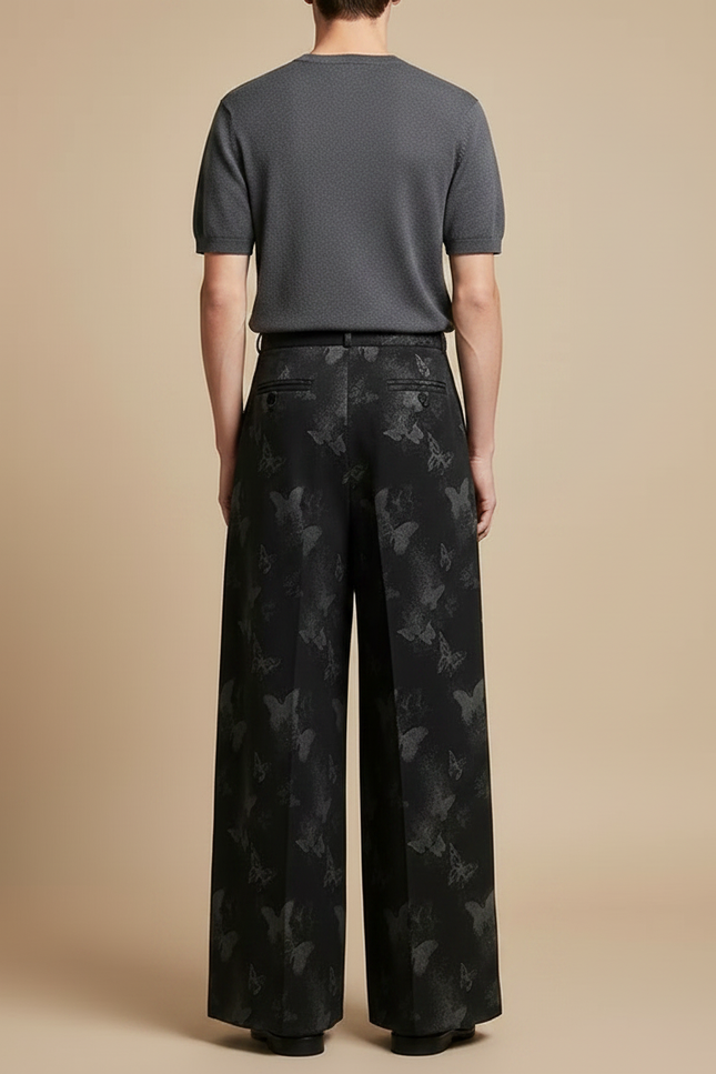Pantalon Fluide Noir Ample Papillons Jacquard Taille Haute - Polyester - vue 2