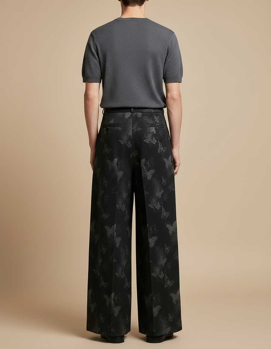 Pantalon Fluide Noir Ample Papillons Jacquard Taille Haute - Polyester - vue 2