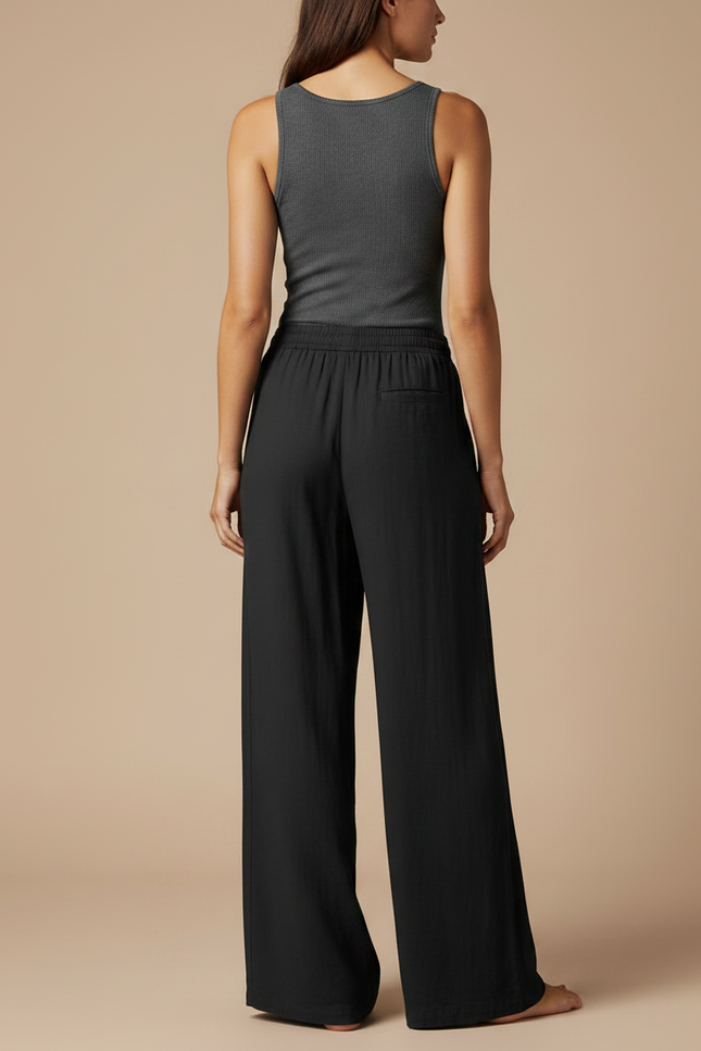 Pantalon Fluide Noir Ample Confortable Décontracté - Lin - vue 2