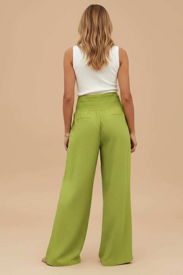 Pantalon Fluide Vert Ample Taille Haute Plissé Décontracté - Lin - vue 2