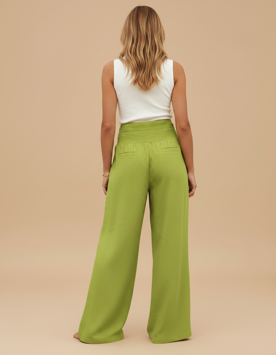 Pantalon Fluide Vert Ample Taille Haute Plissé Décontracté - Lin - vue 2