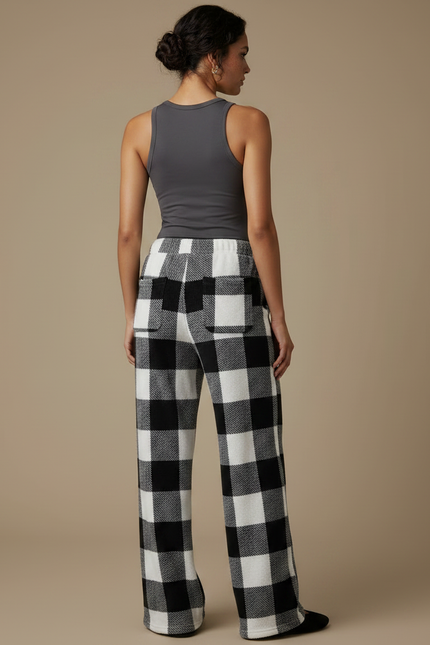 Pantalon Fluide Carreaux Noir Blanc Polaire Confortable - Imprimé Molleton - vue 2