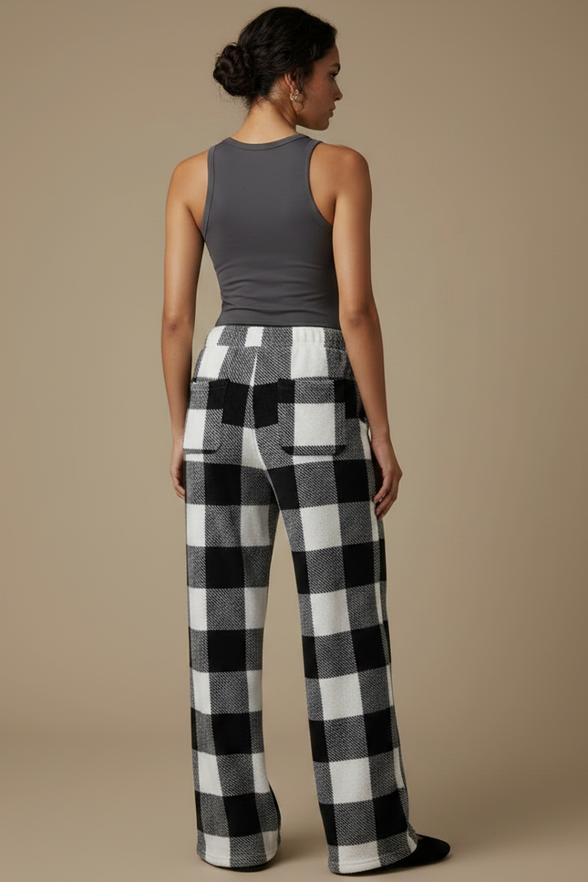 Pantalon Fluide Carreaux Noir Blanc Polaire Confortable - Imprimé Molleton - vue 2