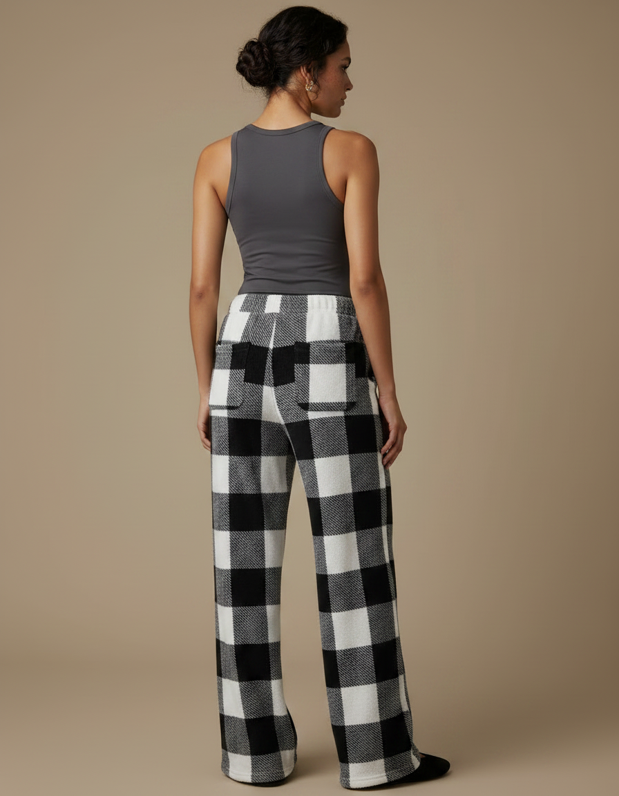 Pantalon Fluide Carreaux Noir Blanc Polaire Confortable - Imprimé Molleton - vue 2
