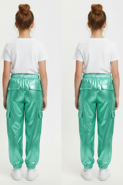 Pantalon Fluide Métallisé Cargo Vert Brillant Fille - Polyester - vue 2