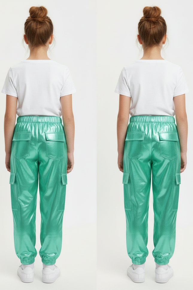 Pantalon Fluide Métallisé Cargo Vert Brillant Fille - Polyester - vue 2