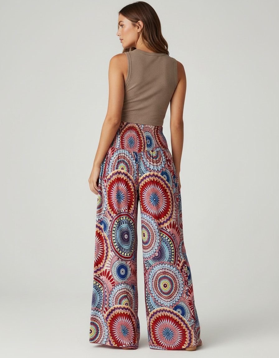 Pantalon Fluide Imprimé Tribal Bohème Ample Évasé Coloré - Multicolore Viscose - vue 2