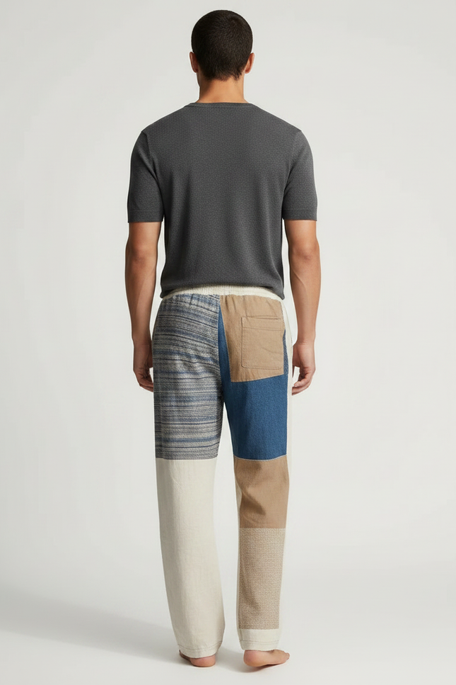 Pantalon Fluide Patchwork Lin Ample Décontracté Homme - Multicolore - vue 2