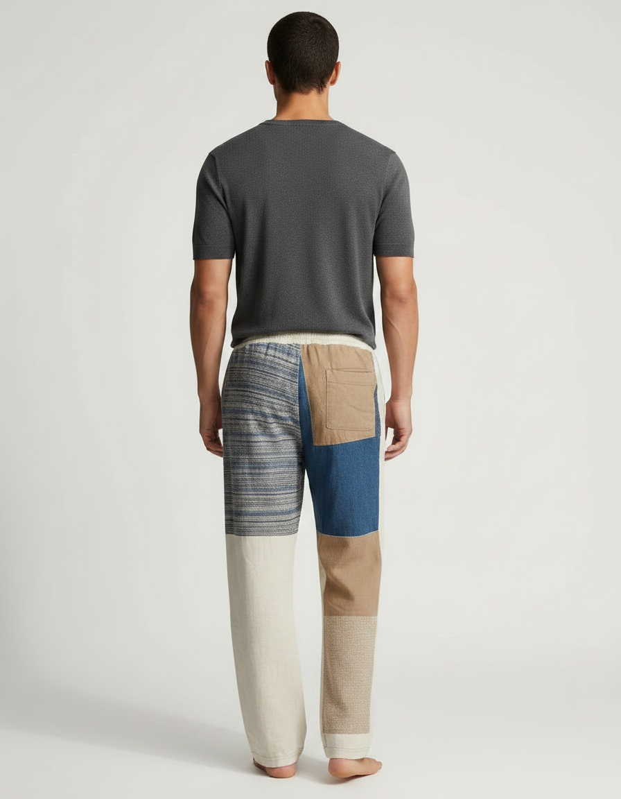 Pantalon Fluide Patchwork Lin Ample Décontracté Homme - Multicolore - vue 2