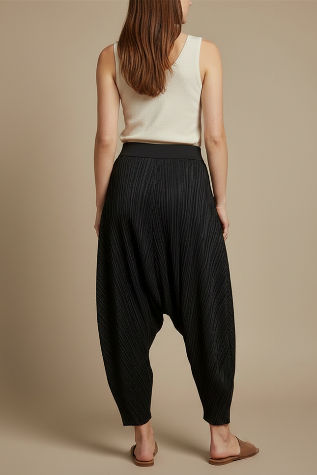 Pantalon Fluide Noir Plissé Ample Décontracté Confortable - Polyester - vue 2