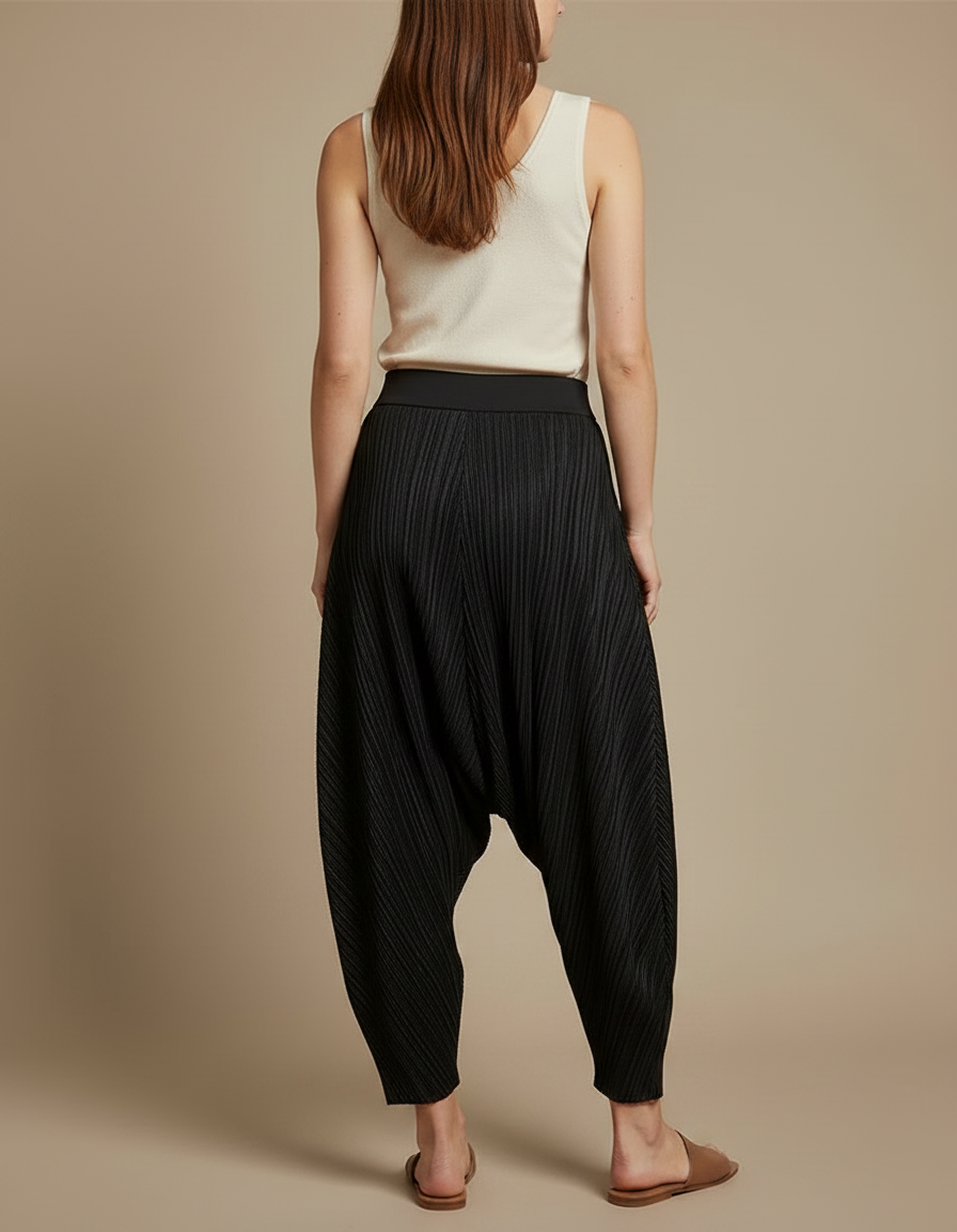 Pantalon Fluide Noir Plissé Ample Décontracté Confortable - Polyester - vue 2
