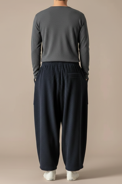 Pantalon Fluide Côtelé Ample Bleu Marine Homme - Cordé - vue 2