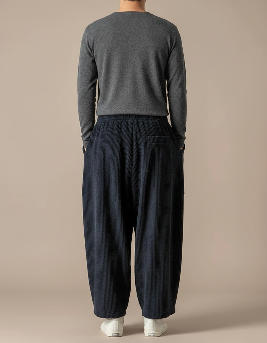 Pantalon Fluide Côtelé Ample Bleu Marine Homme - Cordé - vue 2