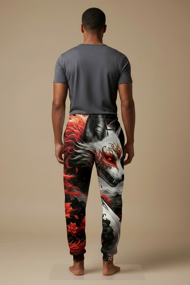 Pantalon Fluide Noir Imprimé Renard Rouge Ample Décontracté - Molleton - vue 2