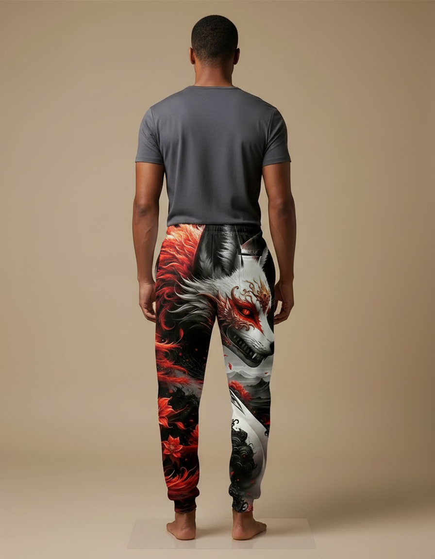 Pantalon Fluide Noir Imprimé Renard Rouge Ample Décontracté - Molleton - vue 2