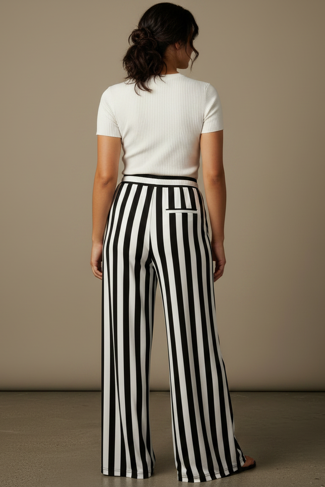 Pantalon Fluide Rayé Noir Blanc Ample Cordon - Multicolore Maille - vue 2