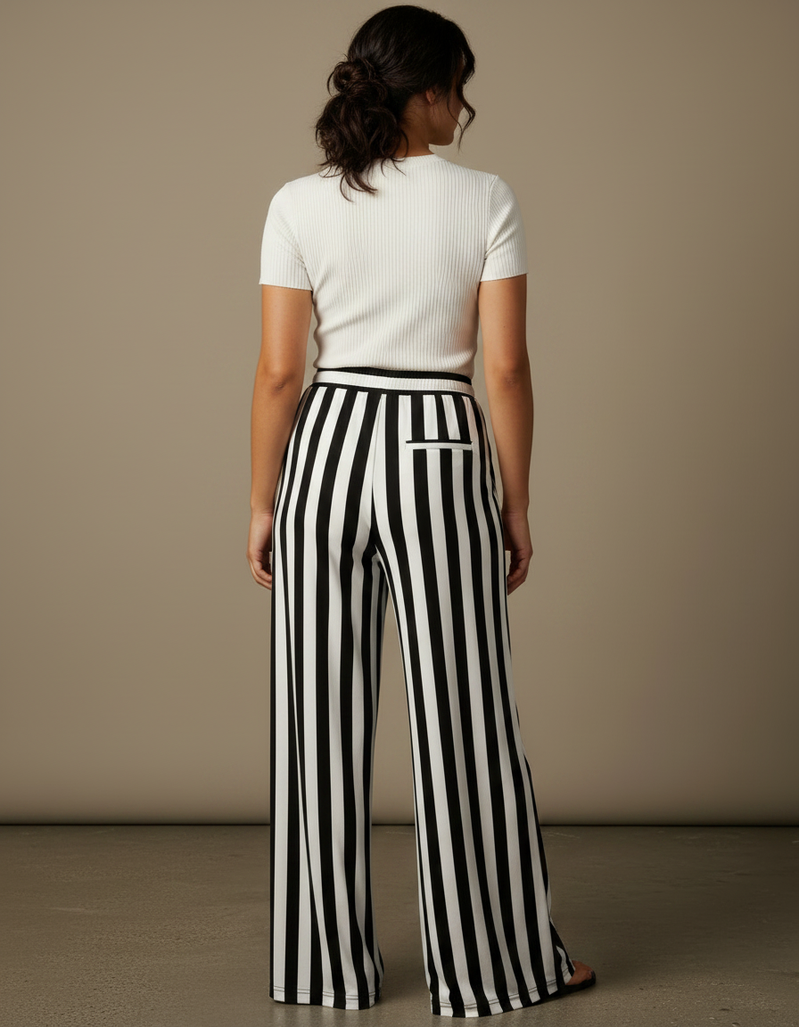 Pantalon Fluide Rayé Noir Blanc Ample Cordon - Multicolore Maille - vue 2