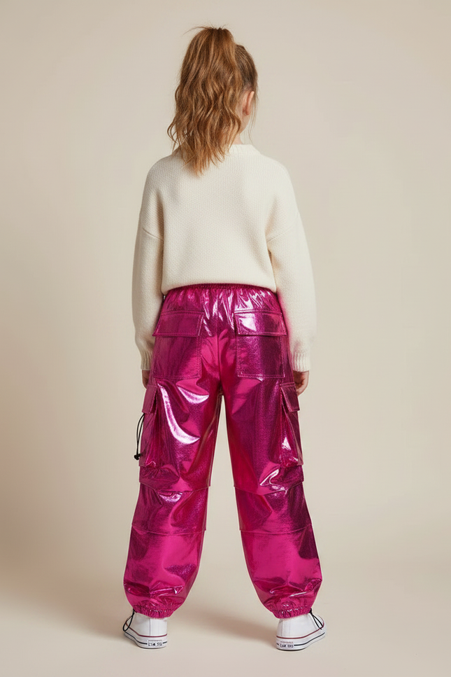 Pantalon Fluide Cargo Rose Métallique Ample Brillant Enfant - Polyester - vue 2