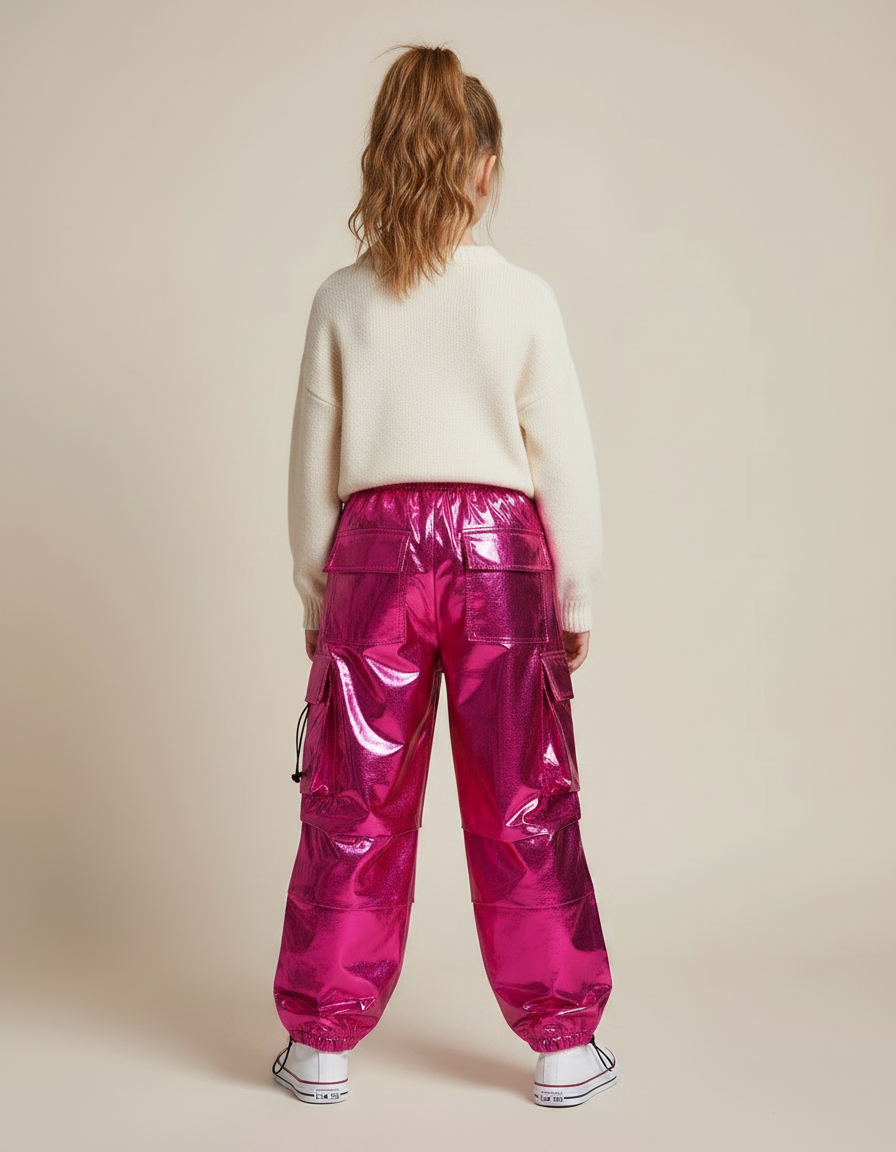 Pantalon Fluide Cargo Rose Métallique Ample Brillant Enfant - Polyester - vue 2