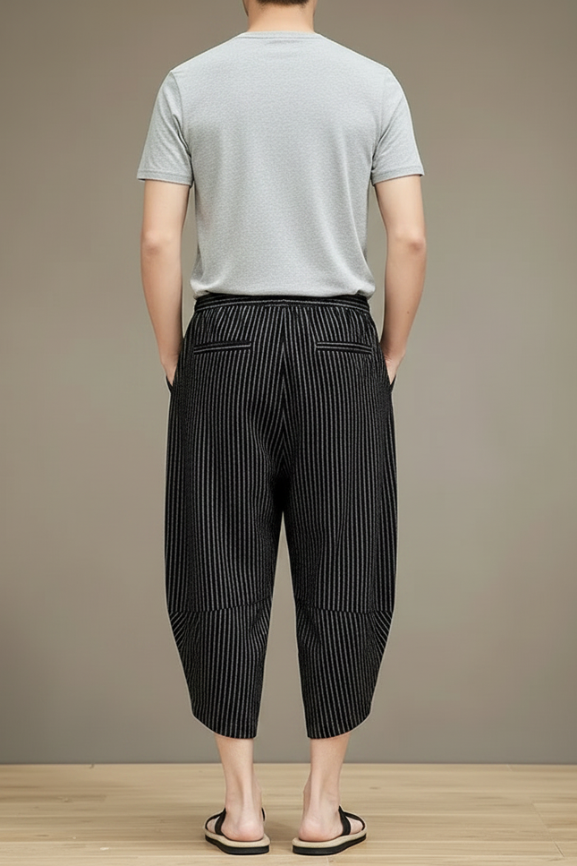 Pantalon Fluide Noir Rayé Ample Décontracté Homme - Lin - vue 2