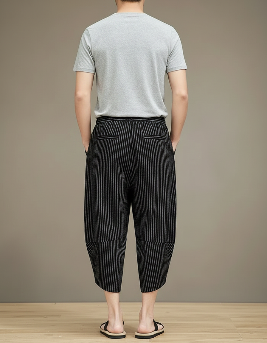 Pantalon Fluide Noir Rayé Ample Décontracté Homme - Lin - vue 2
