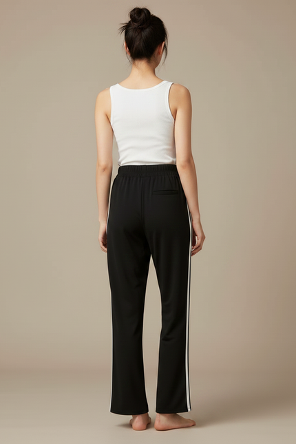 Pantalon Fluide Noir Rayures Blanches Ample Décontracté - Polyester - vue 2