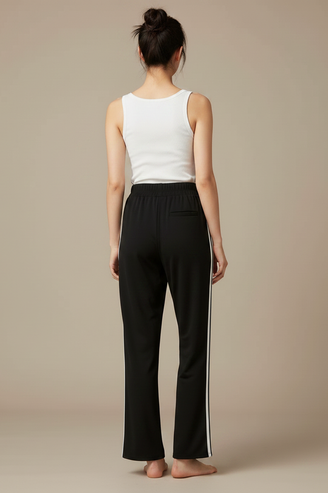 Pantalon Fluide Noir Rayures Blanches Ample Décontracté - Polyester - vue 2