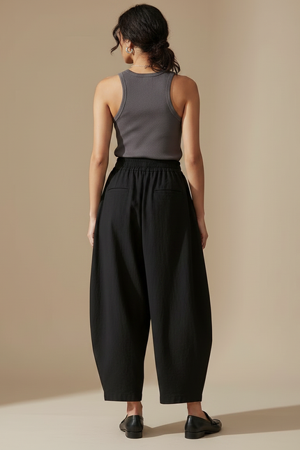 Pantalon Fluide Noir Ample Harem Coton Décontracté - vue 2