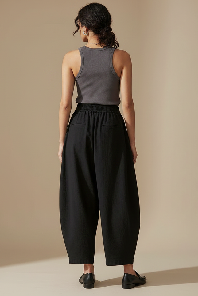 Pantalon Fluide Noir Ample Harem Coton Décontracté - vue 2