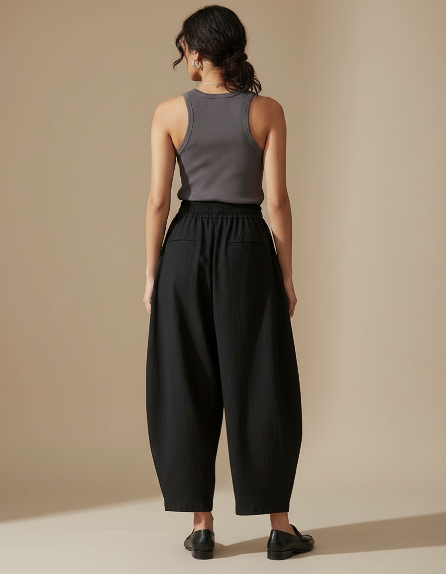 Pantalon Fluide Noir Ample Harem Coton Décontracté - vue 2