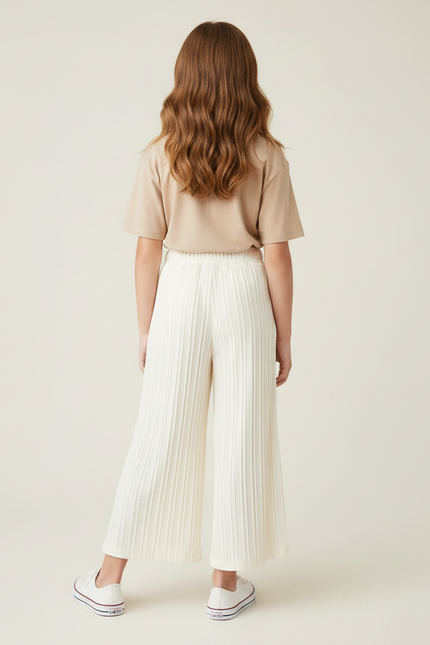 Pantalon Fluide Plissé Écru Ample Fille Décontracté - Blanc Polyester - vue 2
