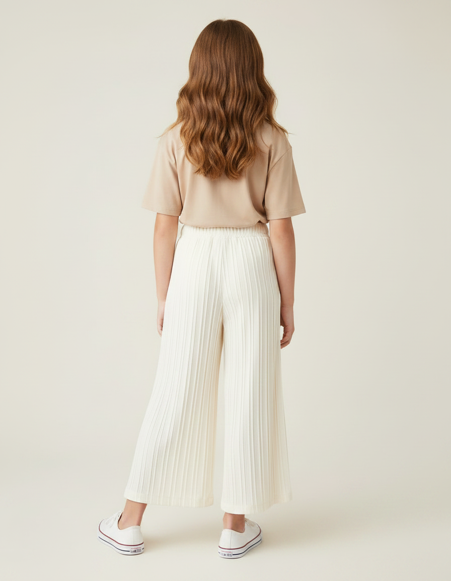 Pantalon Fluide Plissé Écru Ample Fille Décontracté - Blanc Polyester - vue 2