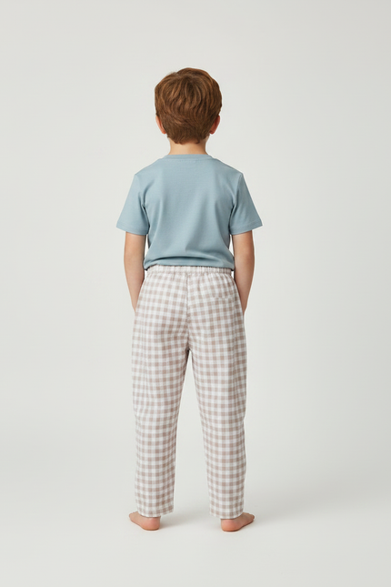 Pantalon Fluide Carreaux Marron Blanc Ample Coton Enfant - vue 2
