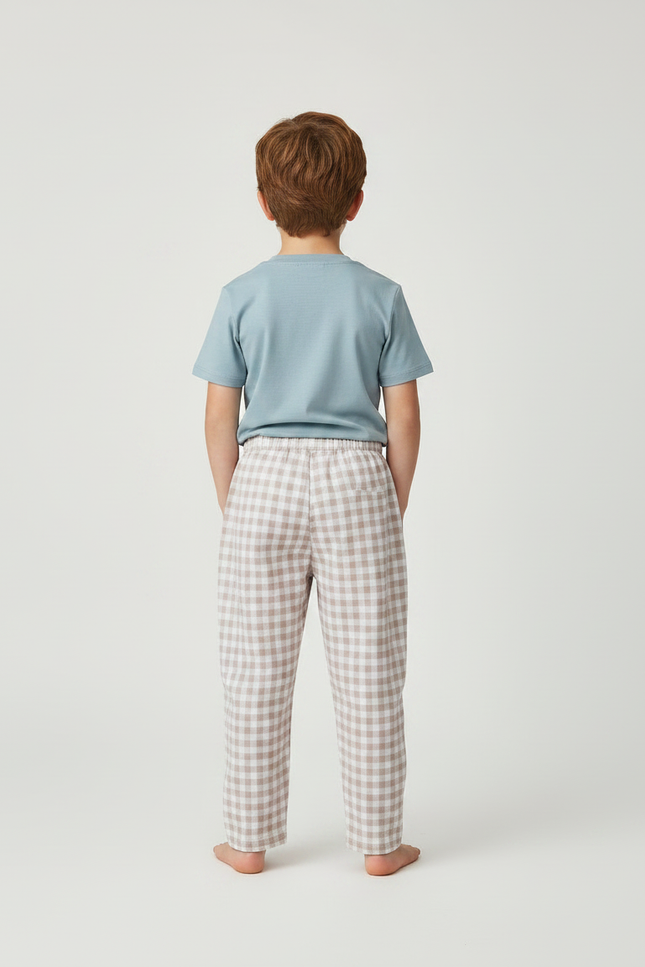 Pantalon Fluide Carreaux Marron Blanc Ample Coton Enfant - vue 2