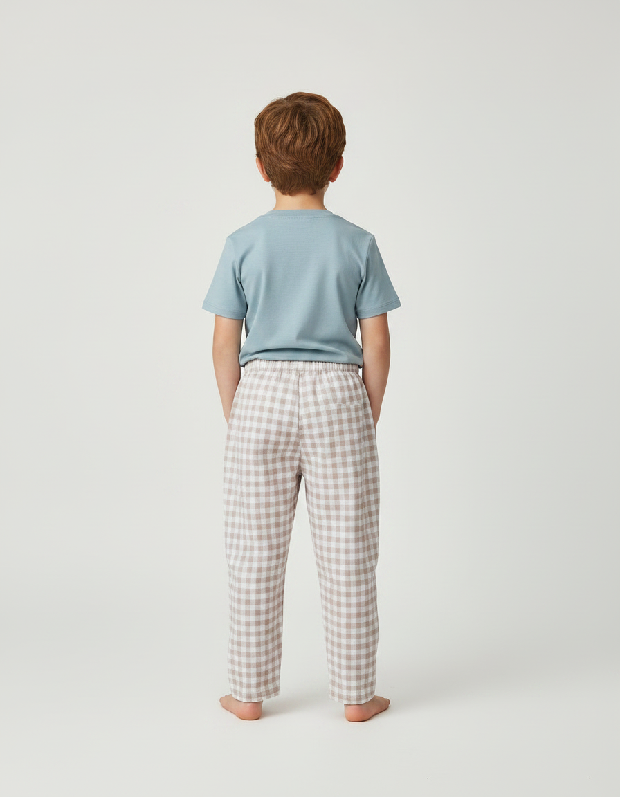 Pantalon Fluide Carreaux Marron Blanc Ample Coton Enfant - vue 2