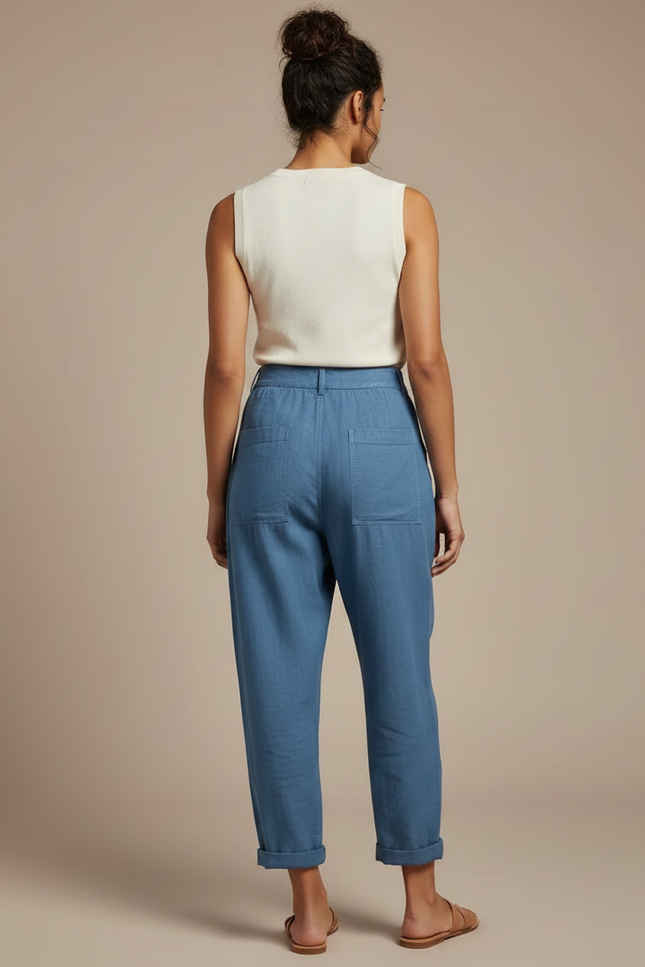 Pantalon Fluide Bleu Coton Lin Ample Boutonné Décontracté - vue 2