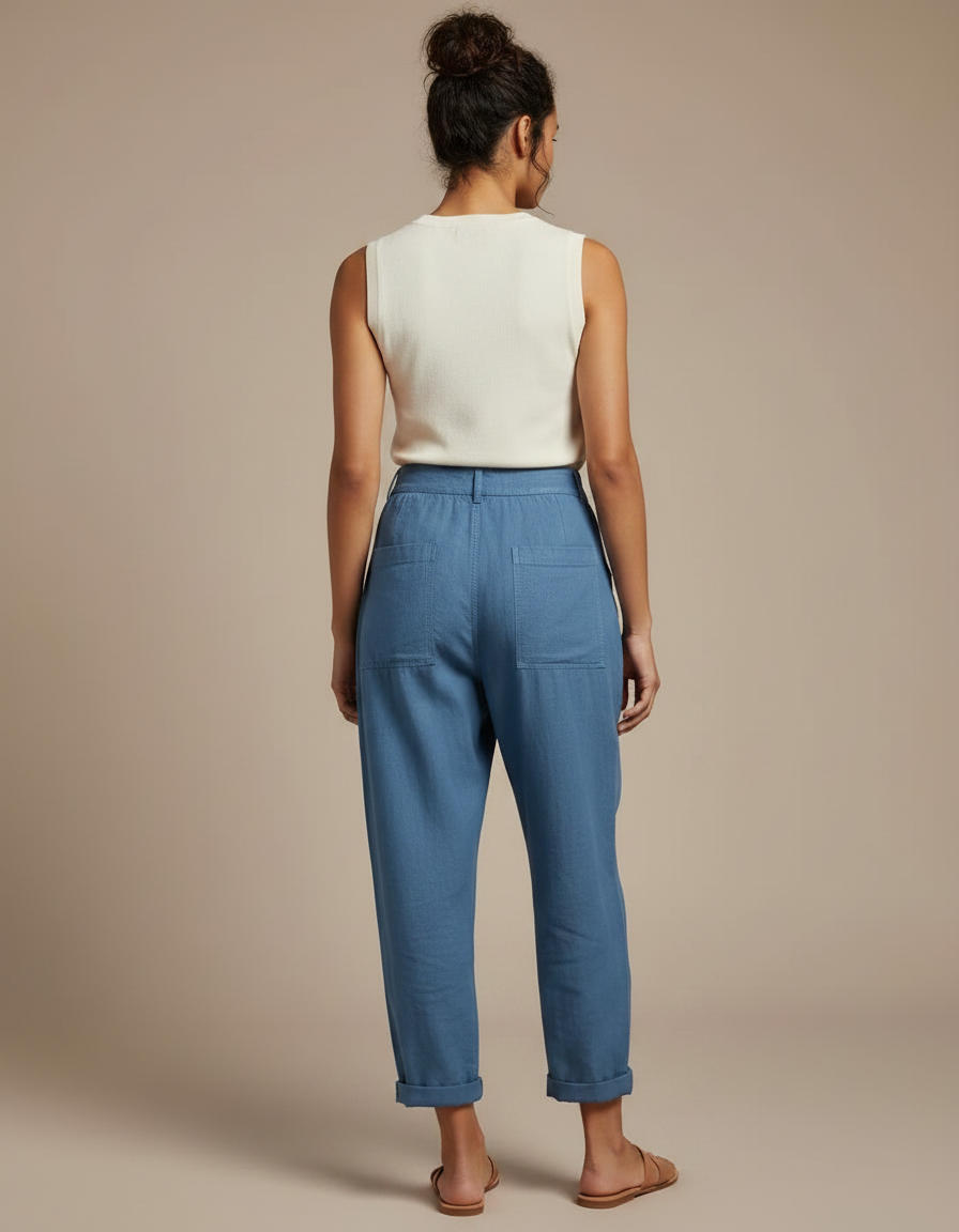 Pantalon Fluide Bleu Coton Lin Ample Boutonné Décontracté - vue 2
