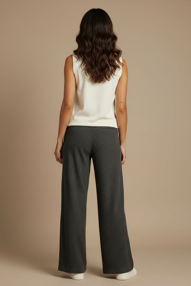 Pantalon Fluide Gris Côtelé Ample Décontracté Cordon - Cordé - vue 2