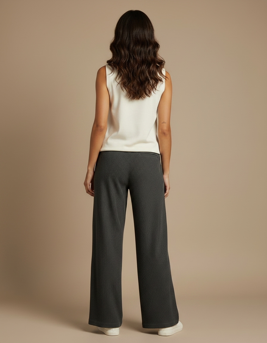 Pantalon Fluide Gris Côtelé Ample Décontracté Cordon - Cordé - vue 2