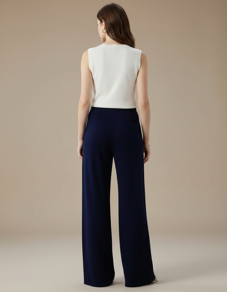Pantalon Fluide Bleu Marine Ample Laine Mérinos Cordon - vue 2
