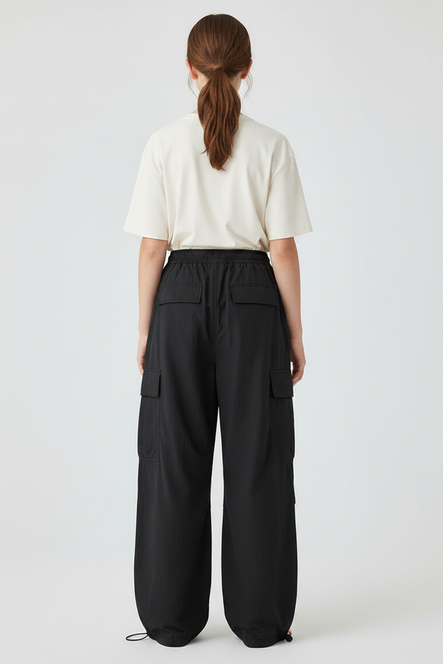 Pantalon Fluide Noir Ample Cargo Décontracté - Polyester - vue 2