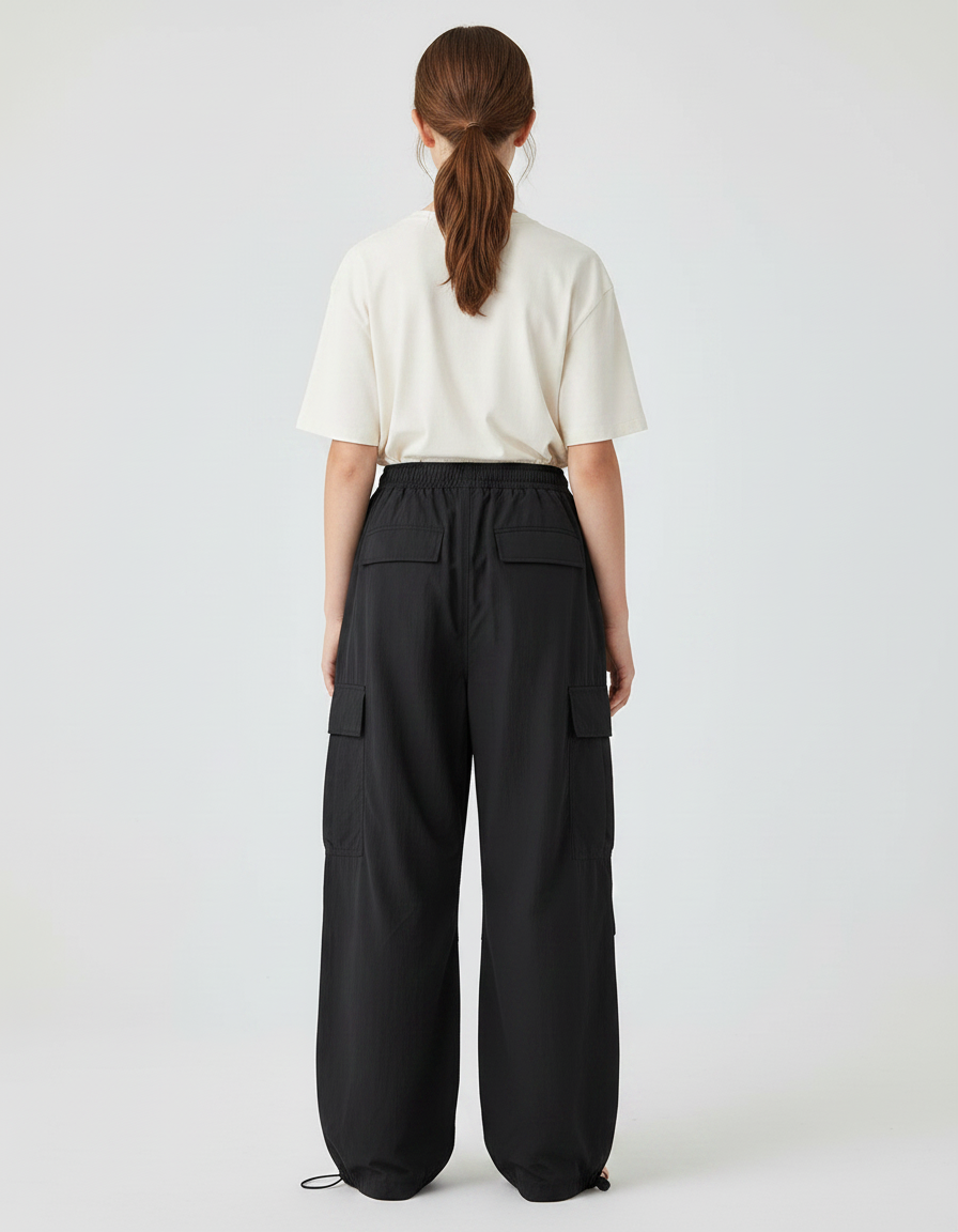 Pantalon Fluide Noir Ample Cargo Décontracté - Polyester - vue 2