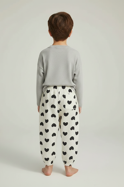 Pantalon Fluide Écru Cœurs Noirs Ample Léger Enfant - Imprimé Coton - vue 2